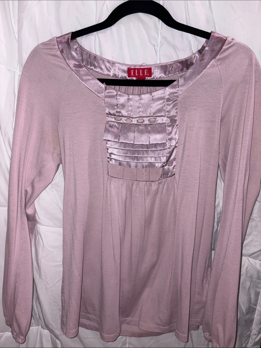 Elle Dusty Rose Satin-Trim Pleated Long Sleeve Blouse